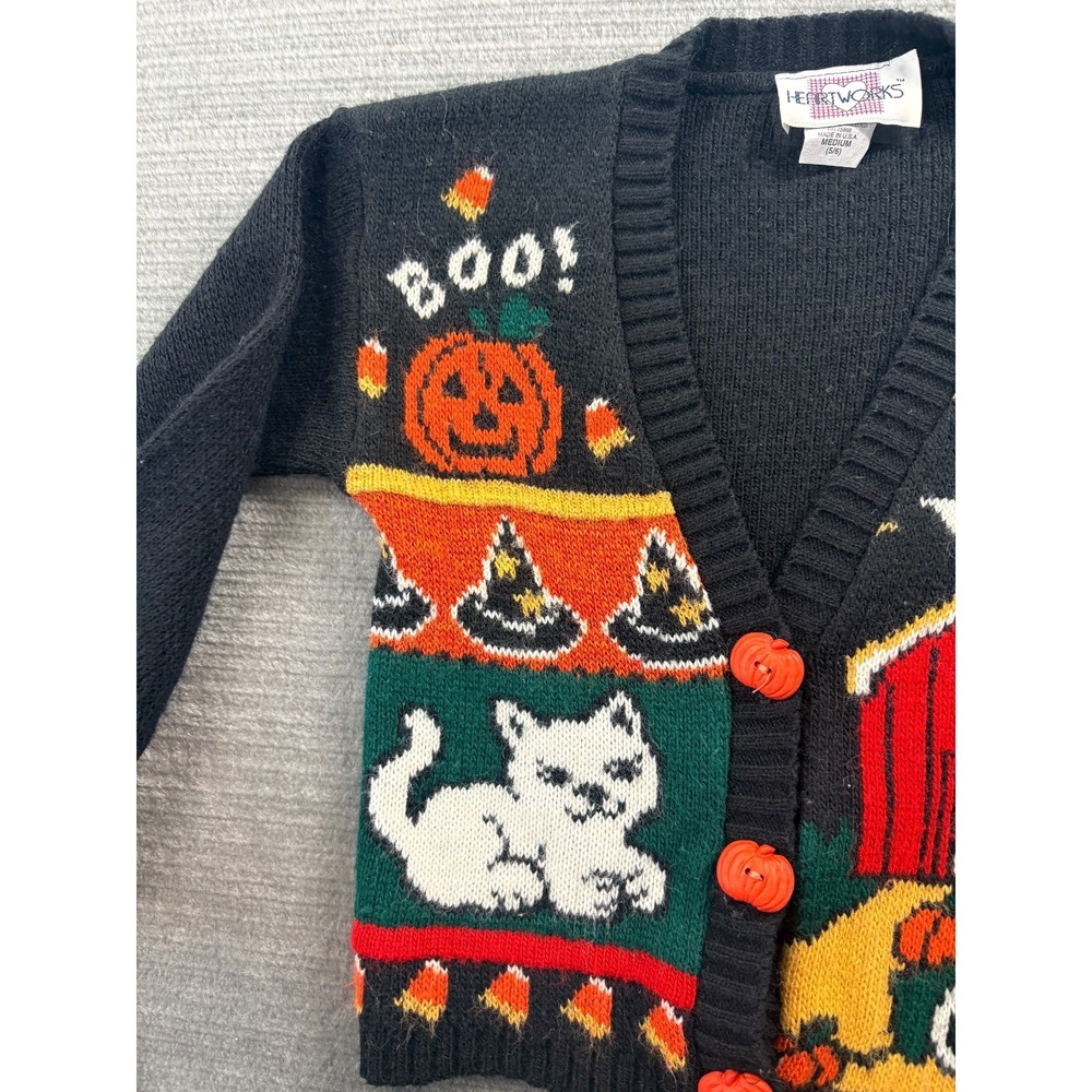 Vintage 80s Heartworks Halloween Cardigan Kids 5/6 Black Pumpkin Buttons Novelty - Picture 6 of 10
